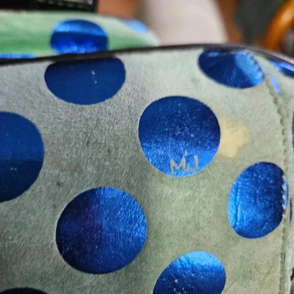 Marc Jacobs |  Blue Metallic Polka Dot and Green Suede Satchel Bag - Picture 11 of 13